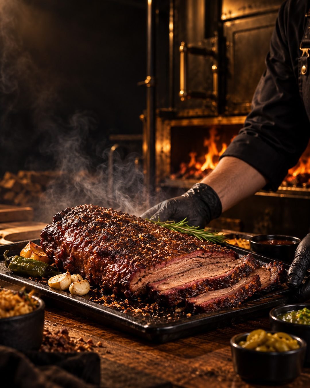 Whole smoked brisket, sliced on a tray in front of the smoker