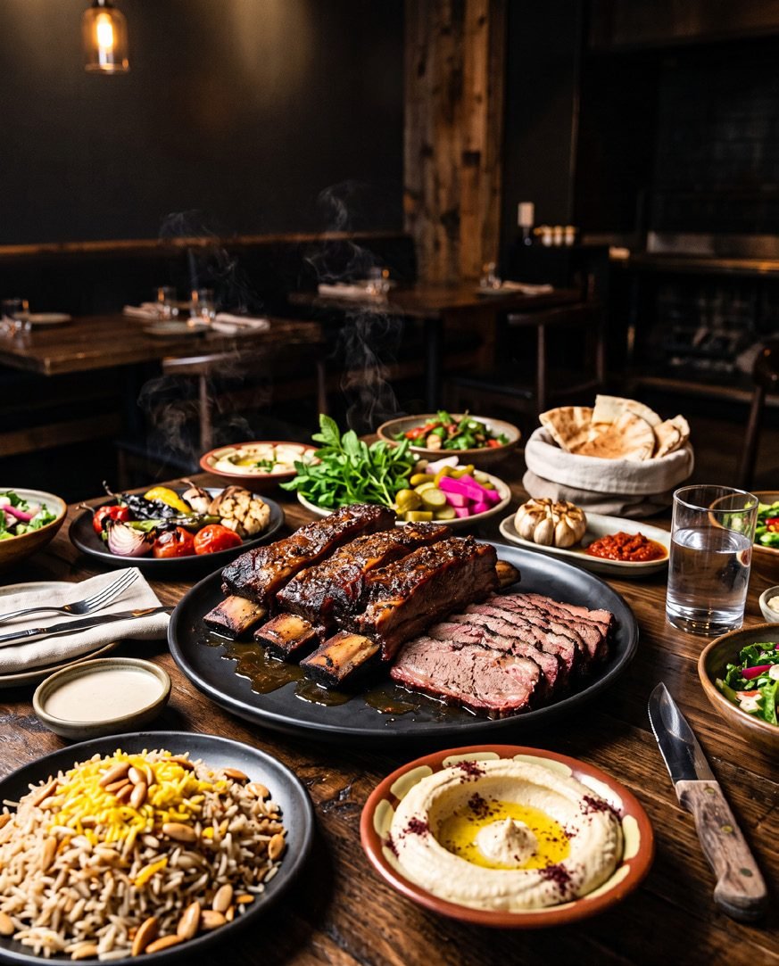 A table spread of smoked beef ribs and sliced brisket with rice, hummus, salads, pickles and fresh bread